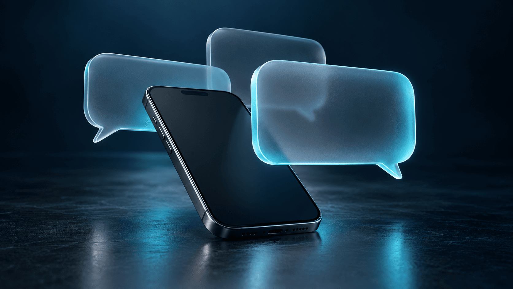 Ilustração conceitual de um celular com tela vazia e balões de conversa translúcidos em camadas sobre fundo azul-marinho, representando o contexto de mensagens digitais.