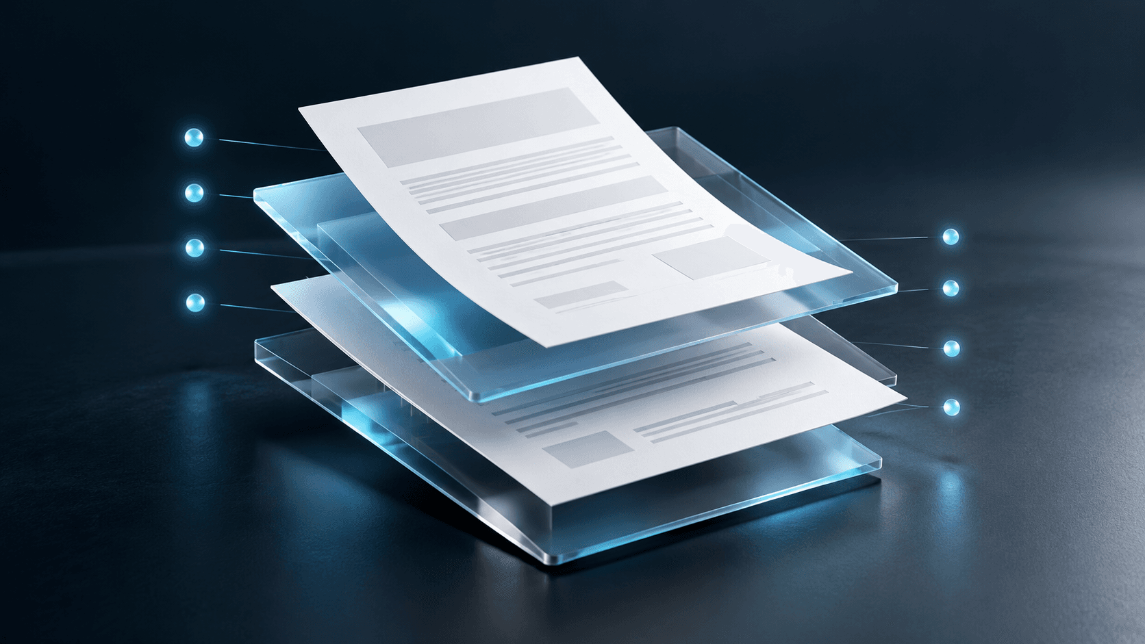 Ilustração conceitual de documentos abstratos entre camadas de vidro, com pontos luminosos discretos que representam registros de etapas de uma contratação.